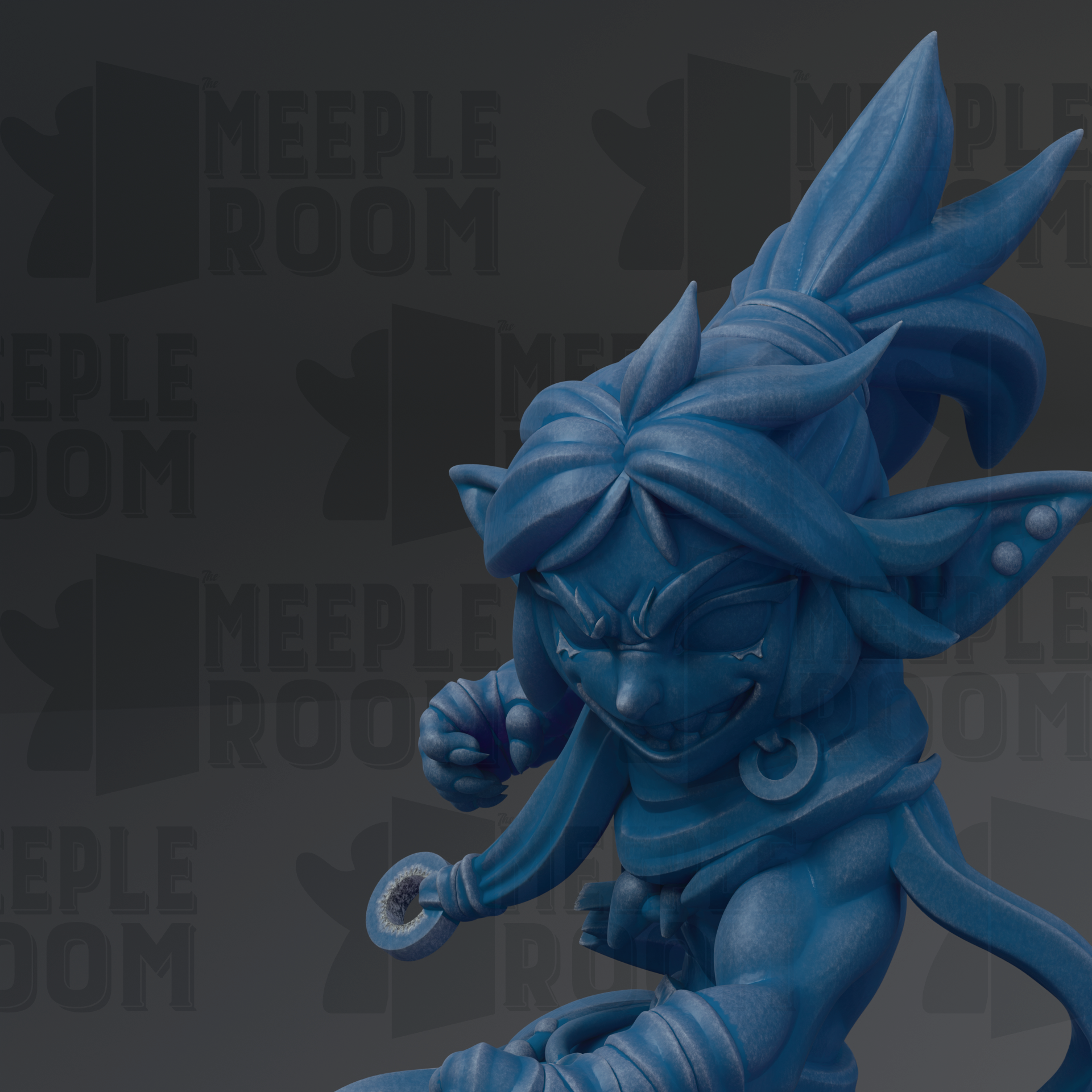 A blue, cartoonish character with a large head and long, flowing hair is depicted in the image.