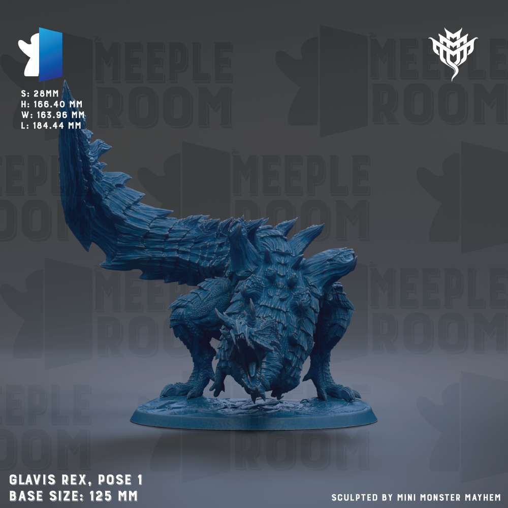 a blue figurine of a creature with a long tail, standing on a base. The figurine is described as a "Glavis Rex, pose 1" and has a base size of 125 millimeters.