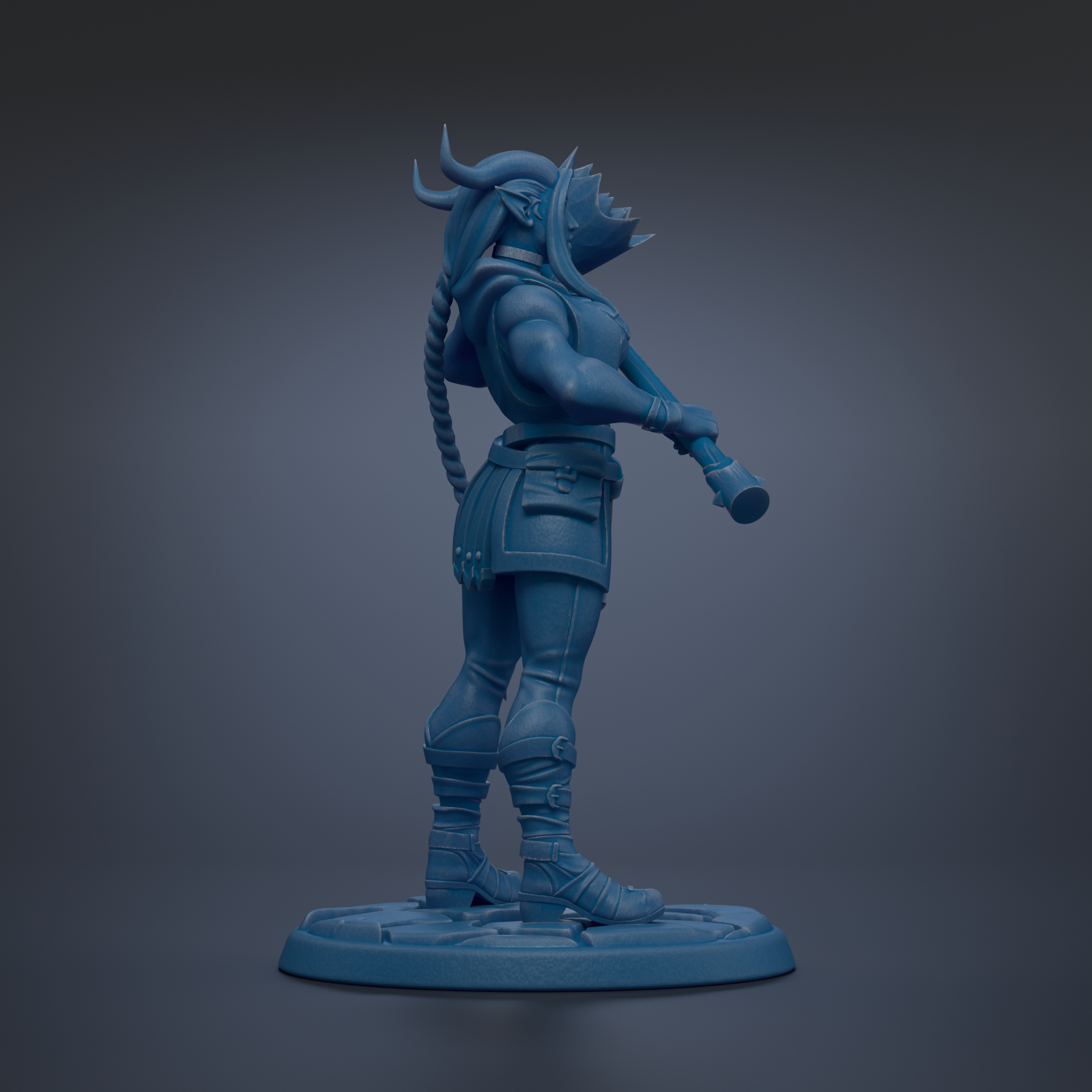 A blue 3D model of a warrior figure with horns and a sword, standing on a platform.