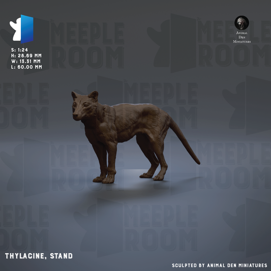 The image is a 3D model of a dog, specifically a meerkat, which is a type of small mammal known for its social behavior and keen sense of smell. The meerkat is standing on a gray surface, and the image is labeled with the text "Thylacine, Stand" and "S1:24 H:58.88 MM L:1.00 MM".