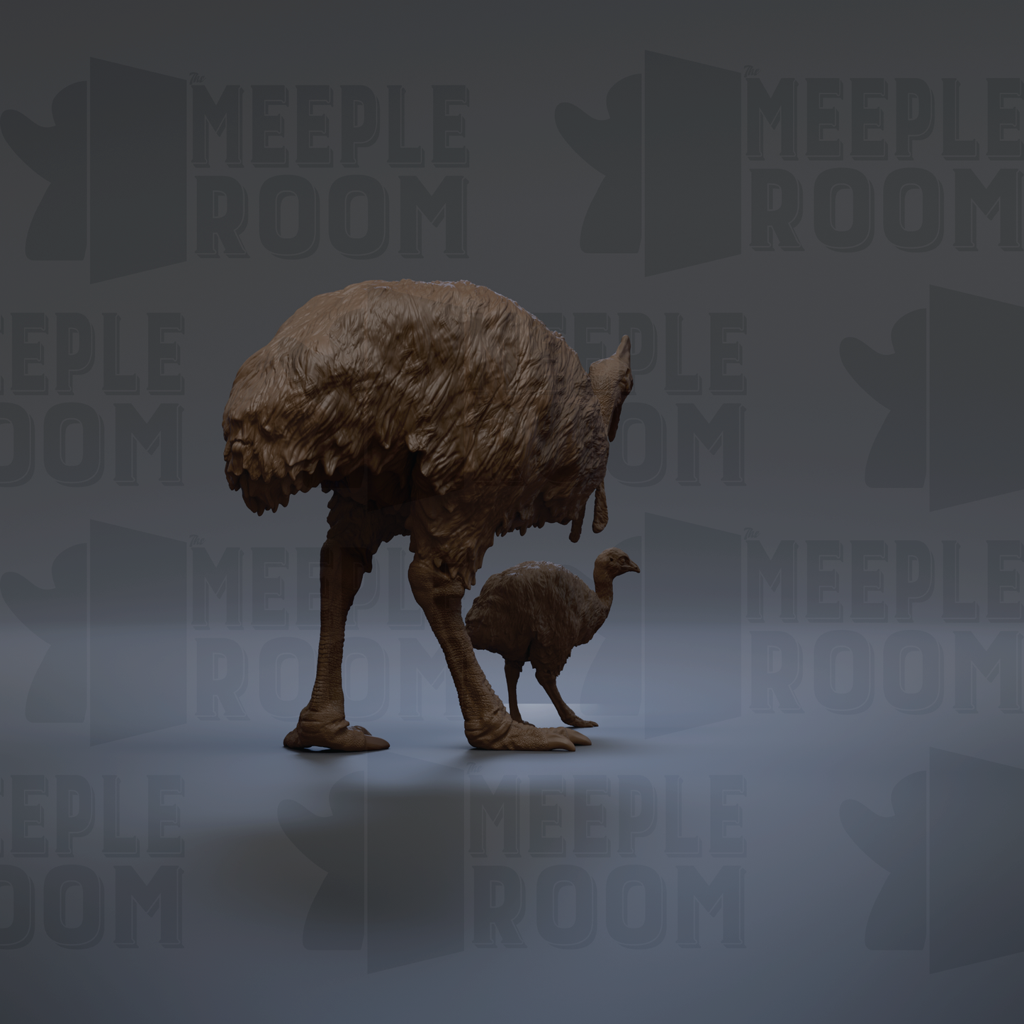 a large brown bird, possibly an ostrich, standing next to a smaller bird, possibly a turkey, against a dark background with repeated text.