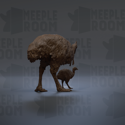 a large brown bird, possibly an ostrich, standing next to a smaller bird, possibly a turkey, against a dark background with repeated text.