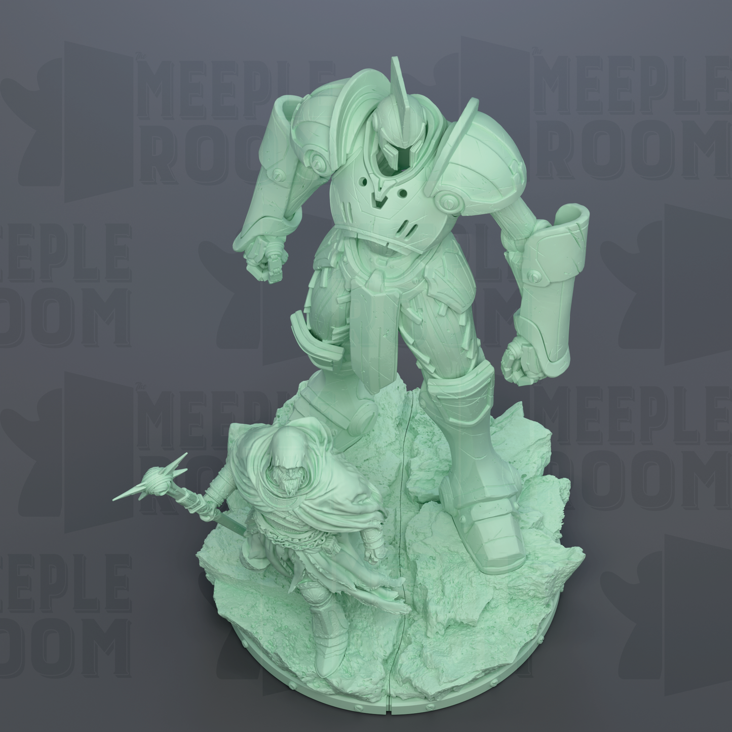 A 3D rendering of a mechanical robot figure, with a human-like figure standing next to it. The robot appears to be armored and has a large head, giving it a futuristic appearance. The background is dark, which contrasts with the green color of the robot and the human figure.