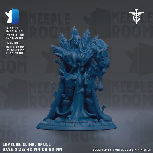 A blue figurine of a skull-like creature with multiple limbs and features, displayed on a base size of 40mm or 80mm.