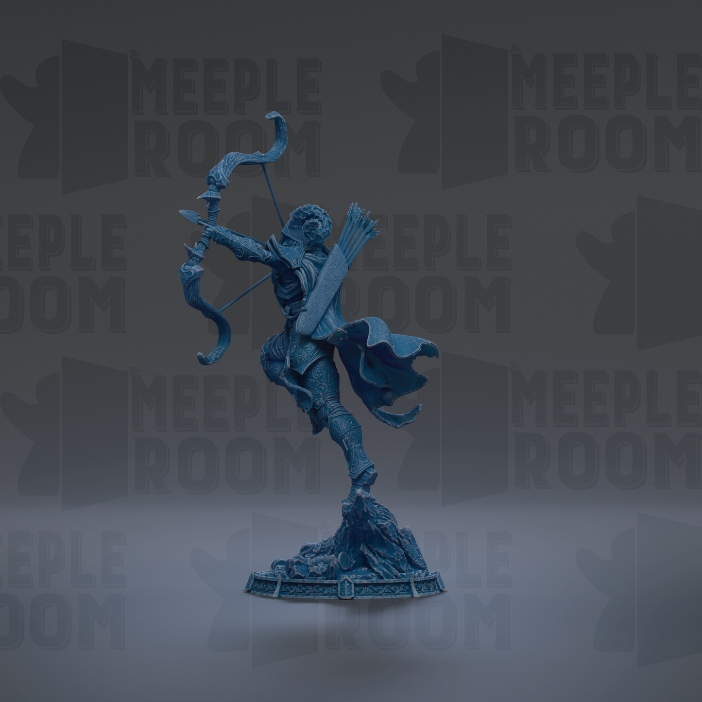 A blue figurine of a warrior figure holding a bow and arrow, standing on a rock formation.