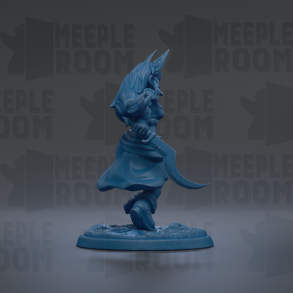 A blue figurine of a dragon-like creature with horns and a tail, standing on a base and facing to the right.
