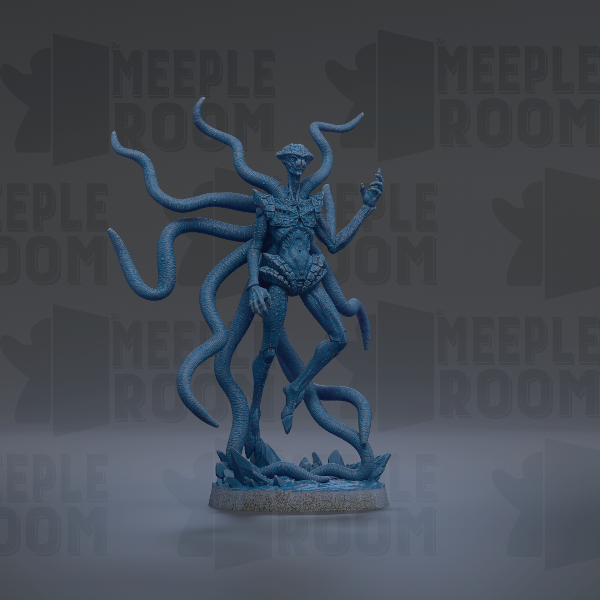A blue, 3D-rendered statue of a fantastical creature with multiple tentacles, standing on a base and holding a weapon.