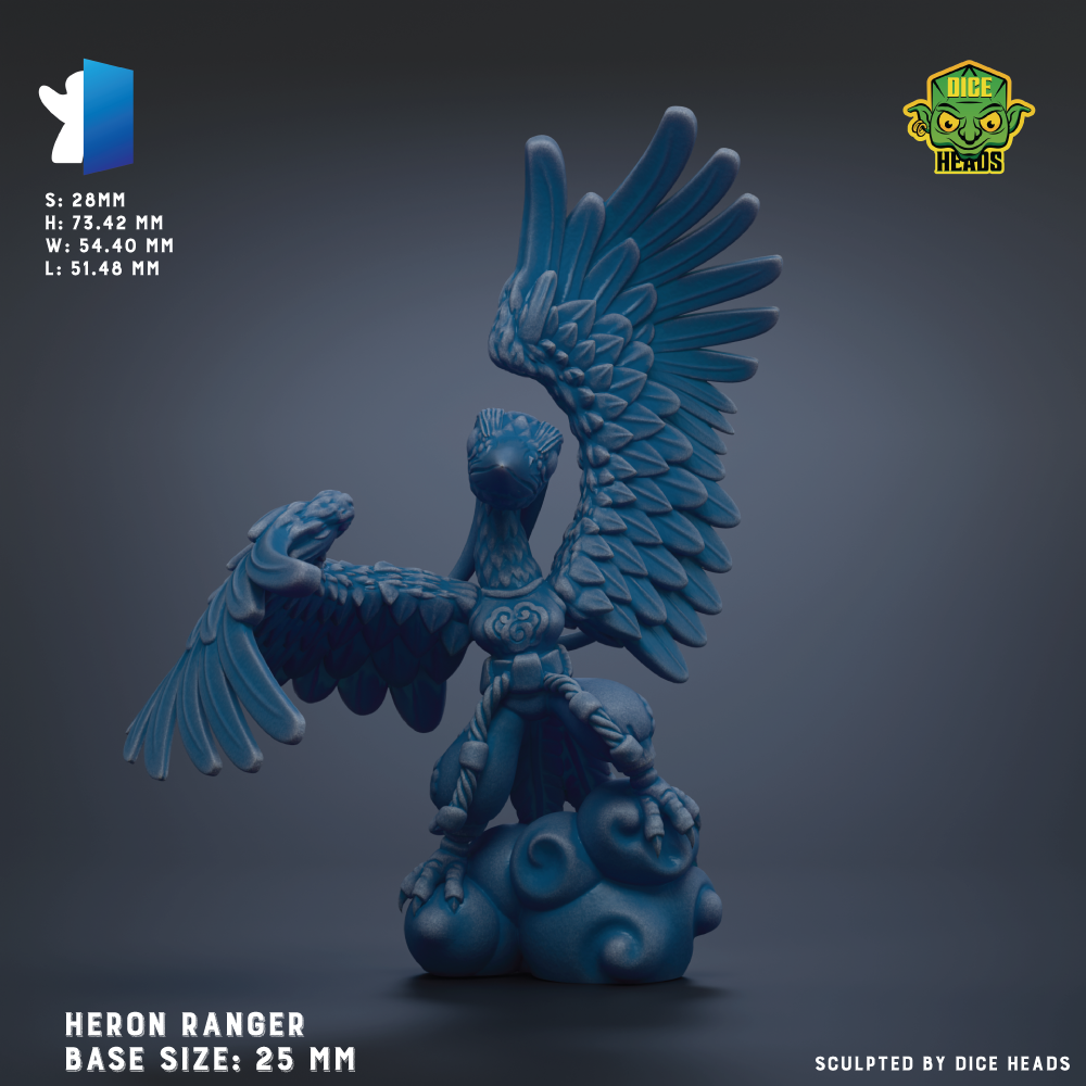 A blue ceramic Heron Ranger figurine with outstretched wings, standing on a cloud-like base.