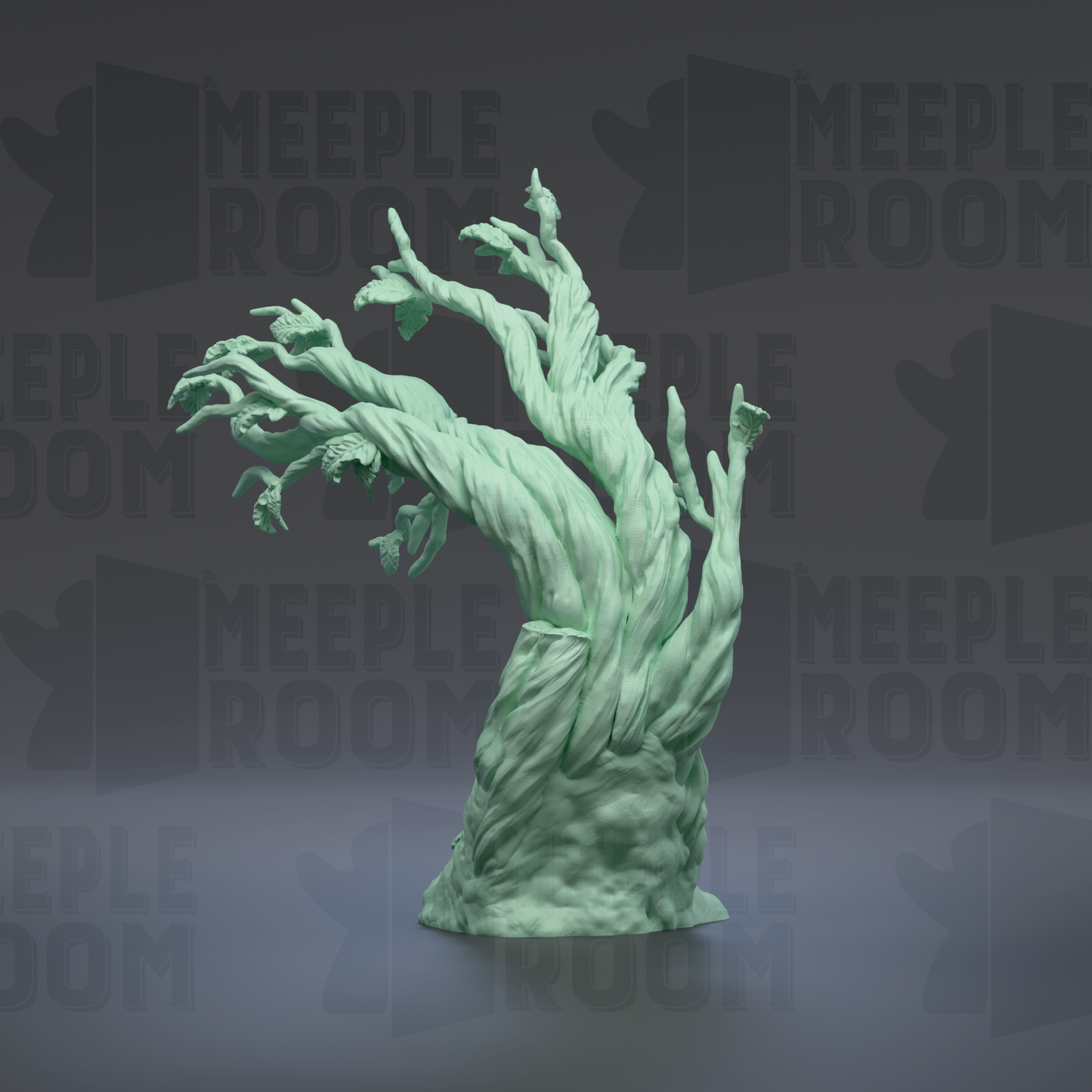 A 3D rendering of a tree-like structure with a twisted, gnarled trunk and branches, set against a dark background with repeated text.
