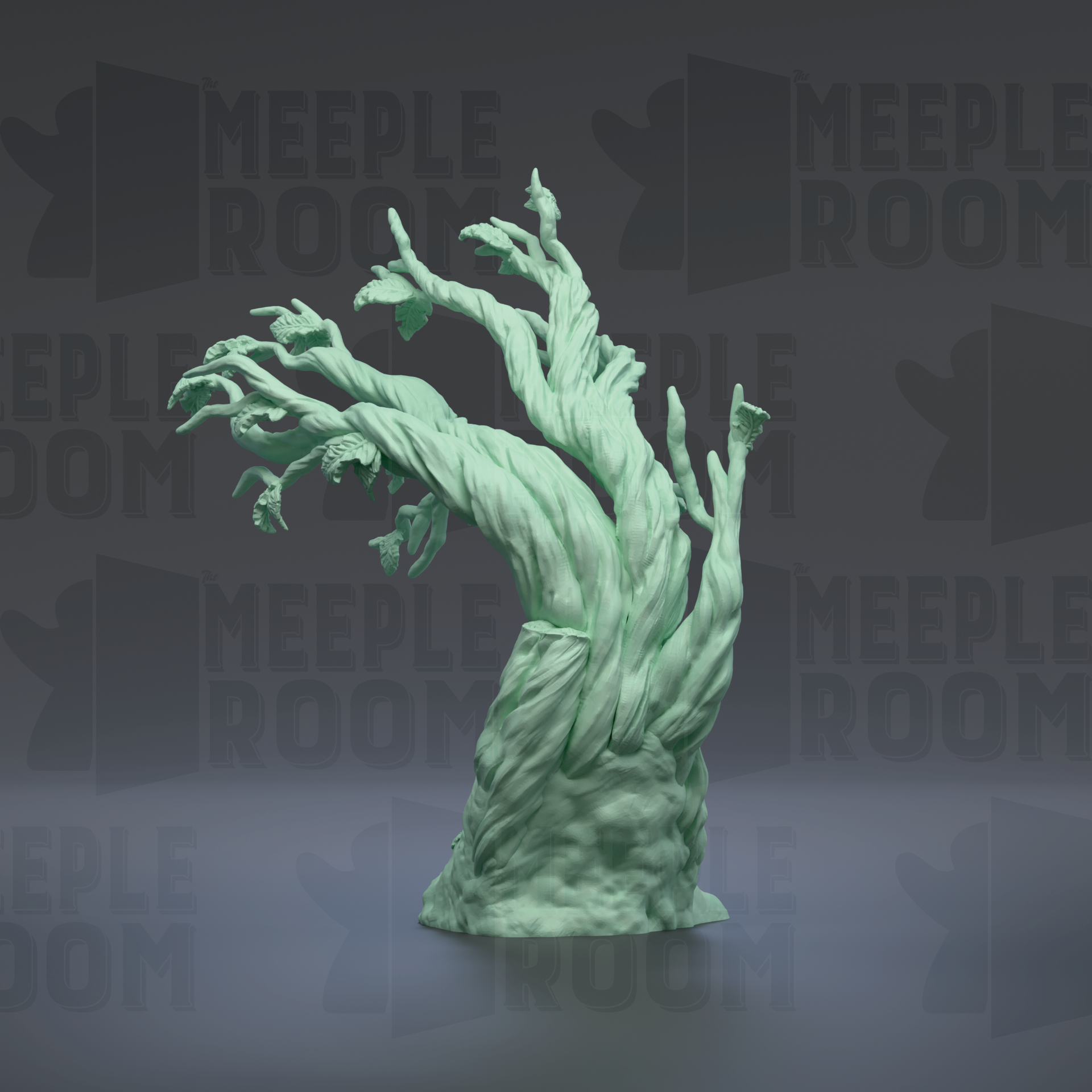 A 3D rendering of a tree-like structure with a twisted, gnarled trunk and branches, set against a dark background with repeated text.