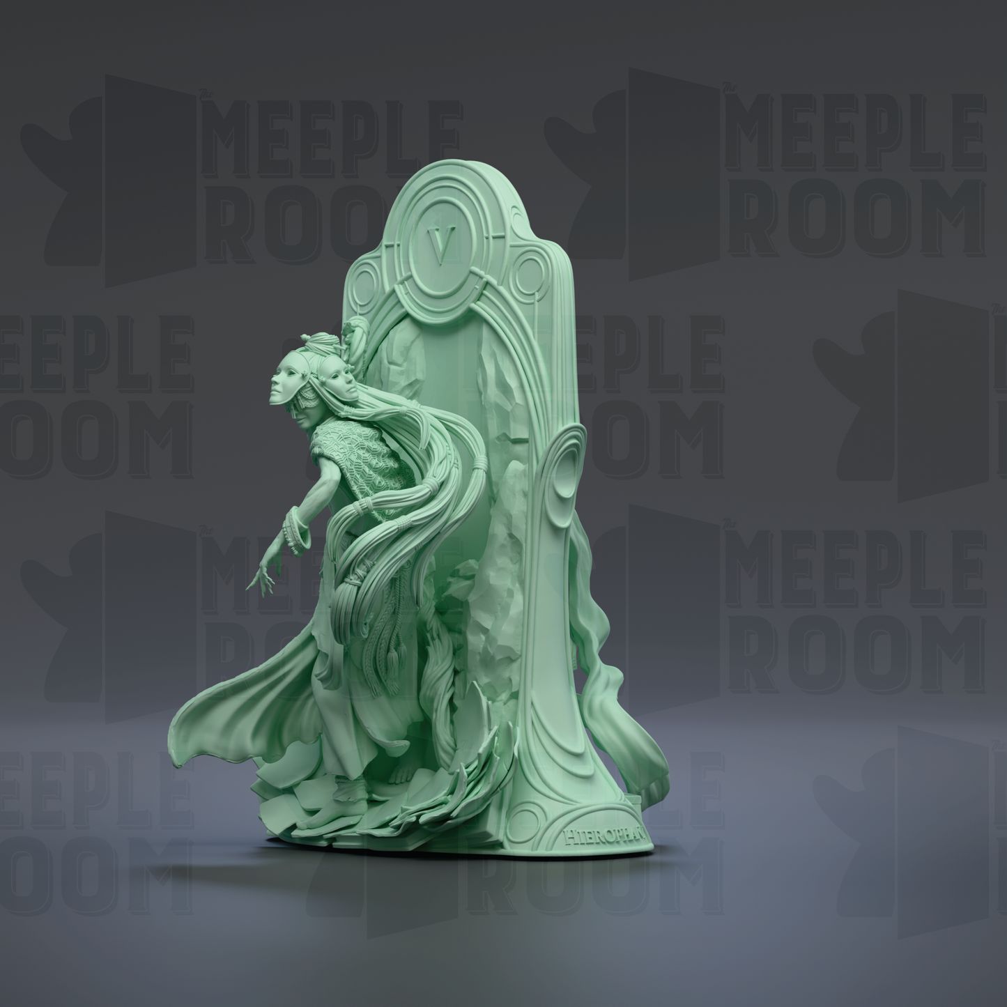 A green statue of a woman with flowing hair and a flowing dress stands in front of a repeating pattern of the word "MEEPLE ROOM".