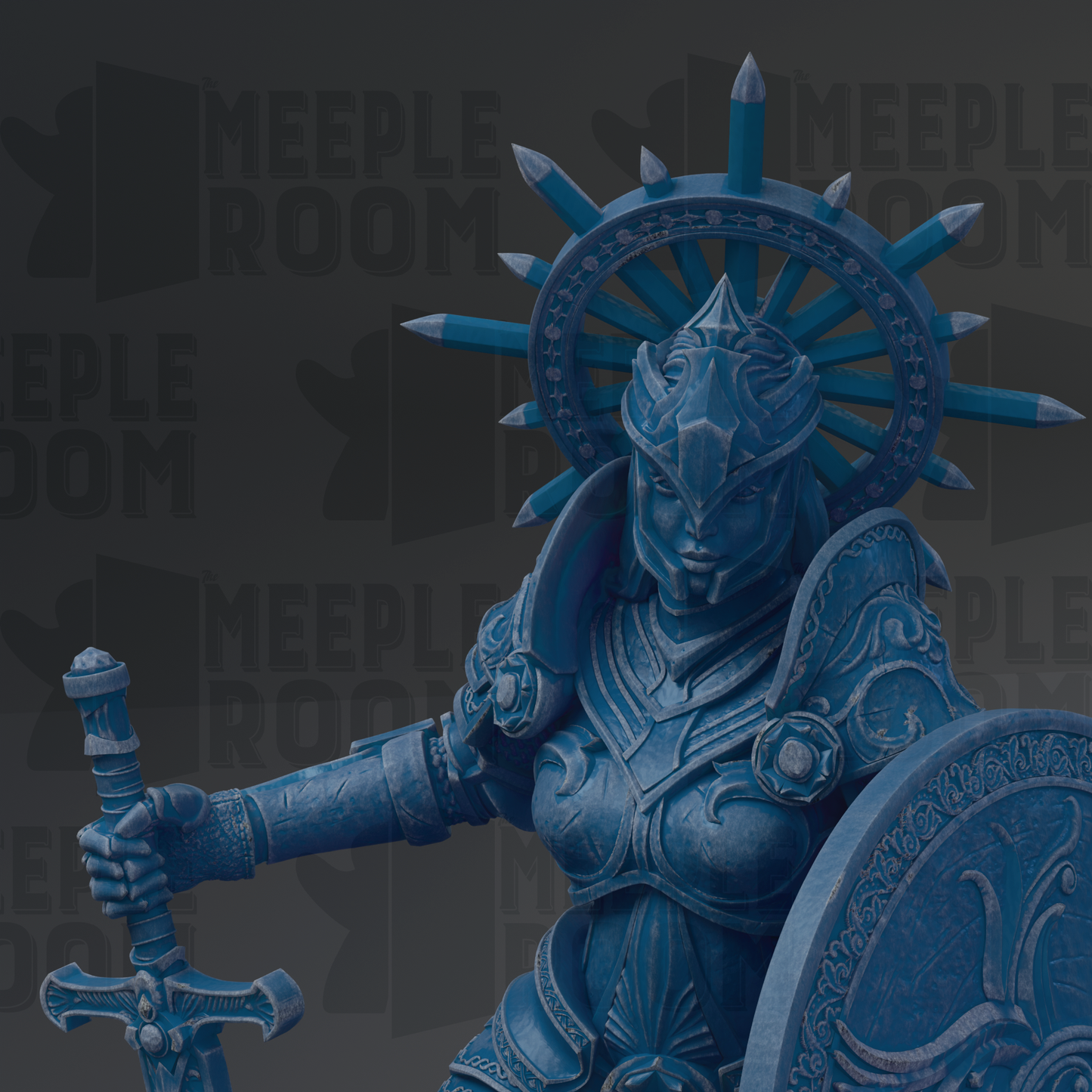 A blue armored warrior figure with a shield and sword stands in the center of the image, surrounded by a dark background with the text "MEUPLE ROOM" repeated multiple times.