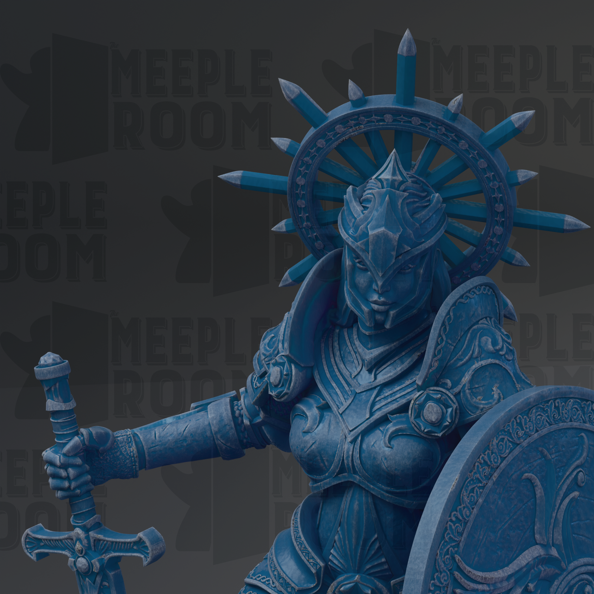A blue armored warrior figure with a shield and sword stands in the center of the image, surrounded by a dark background with the text "MEUPLE ROOM" repeated multiple times.