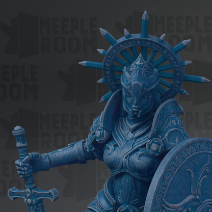 A blue armored warrior figure with a shield and sword stands in the center of the image, surrounded by a dark background with the text "MEUPLE ROOM" repeated multiple times.