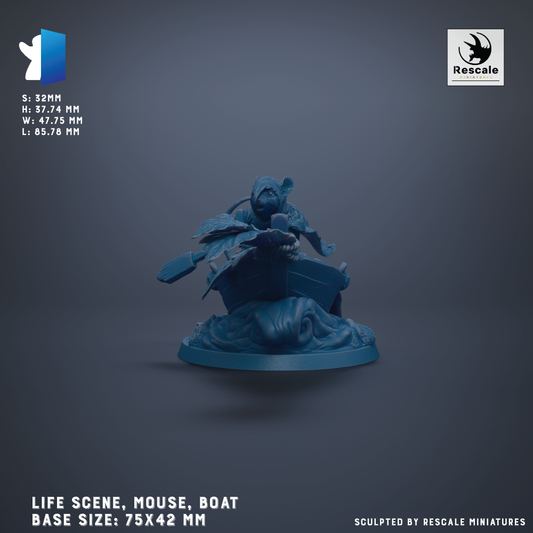 The image is a 3D model of a mouse, boat, and other marine-themed objects, with a focus on the mouse and boat. The base sizes are 75x42 mm. The image is described as a sculpture by Rescale miniatures.
