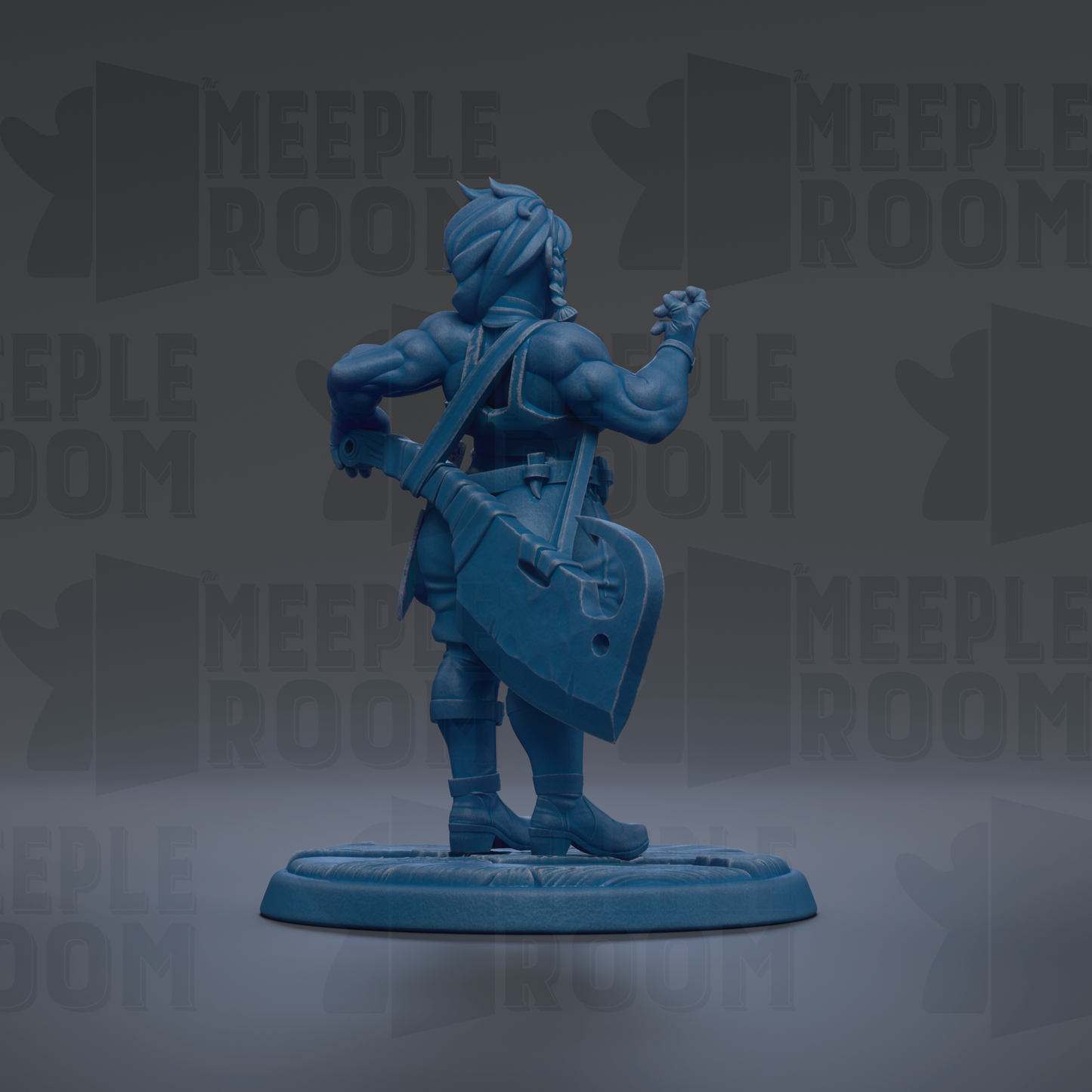 A blue figurine of a muscular, armored character stands on a base, with the text "MEEPLE ROOM" repeated in the background.