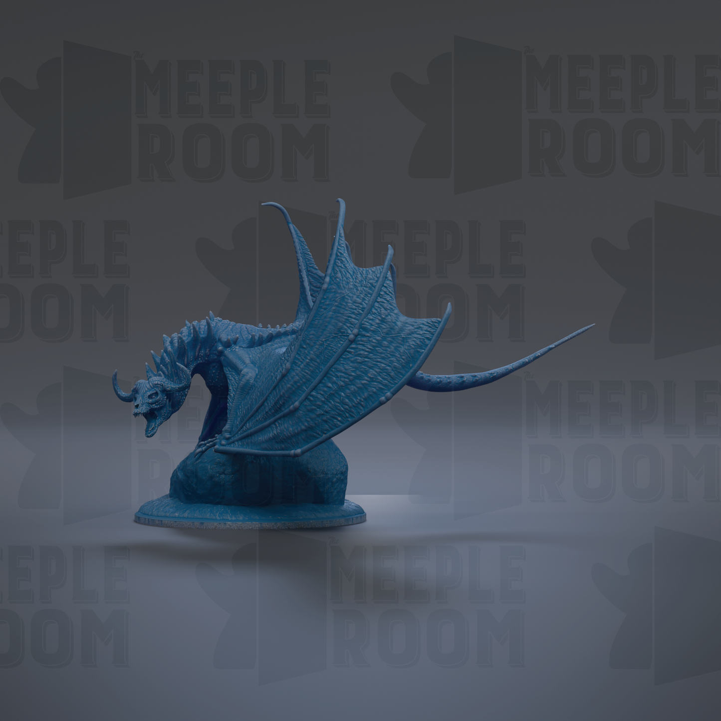 A blue dragon figurine is shown against a dark background with repeated text.
