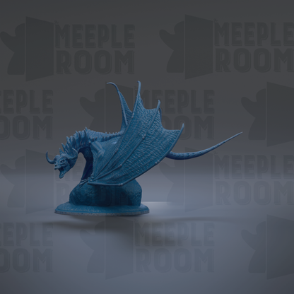 A blue dragon figurine is shown against a dark background with repeated text.