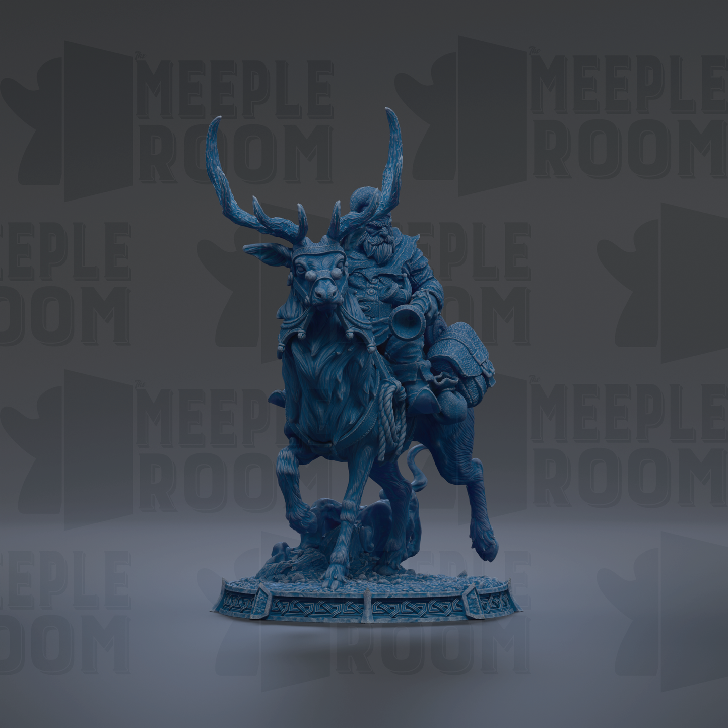 A blue statue of a man riding a rearing horse, with horns and a beard, against a dark background with repeated text.