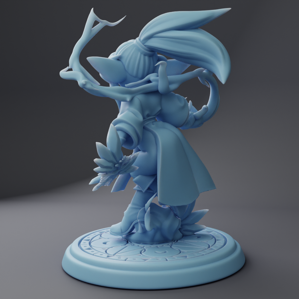 A 3D rendering of a blue, fantastical creature with a large head and long tail, standing on a circular base.