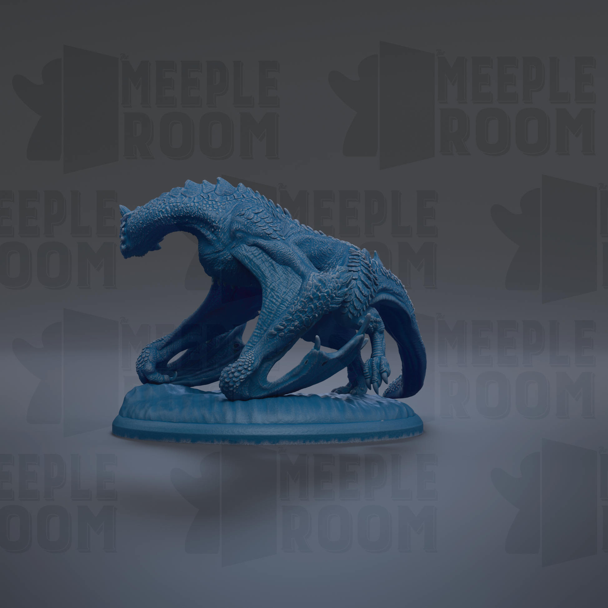 A blue dragon figurine is displayed on a base against a dark background with repeated text.
