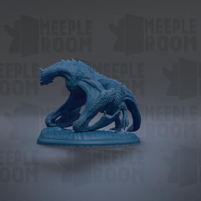 A blue dragon figurine is displayed on a base against a dark background with repeated text.