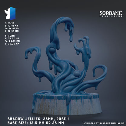 The image is a 3D rendering of a blue, abstract sculpture with flowing, dripping shapes resembling jelly or a similar substance. The sculpture is positioned on a pedestal and is described as a "Shadow Jellies" with a base size of 12.5 mm or 25 mm. The image is published by Sordane Publishing.