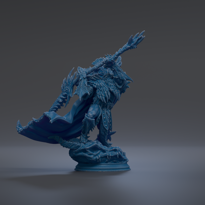 A 3D rendering of a blue, fantastical creature with sharp teeth and claws, standing on a pedestal and holding a weapon.