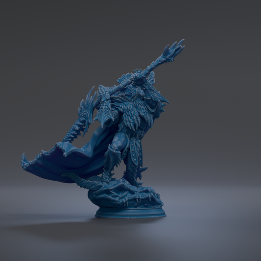 A 3D rendering of a blue, fantastical creature with sharp teeth and claws, standing on a pedestal and holding a weapon.
