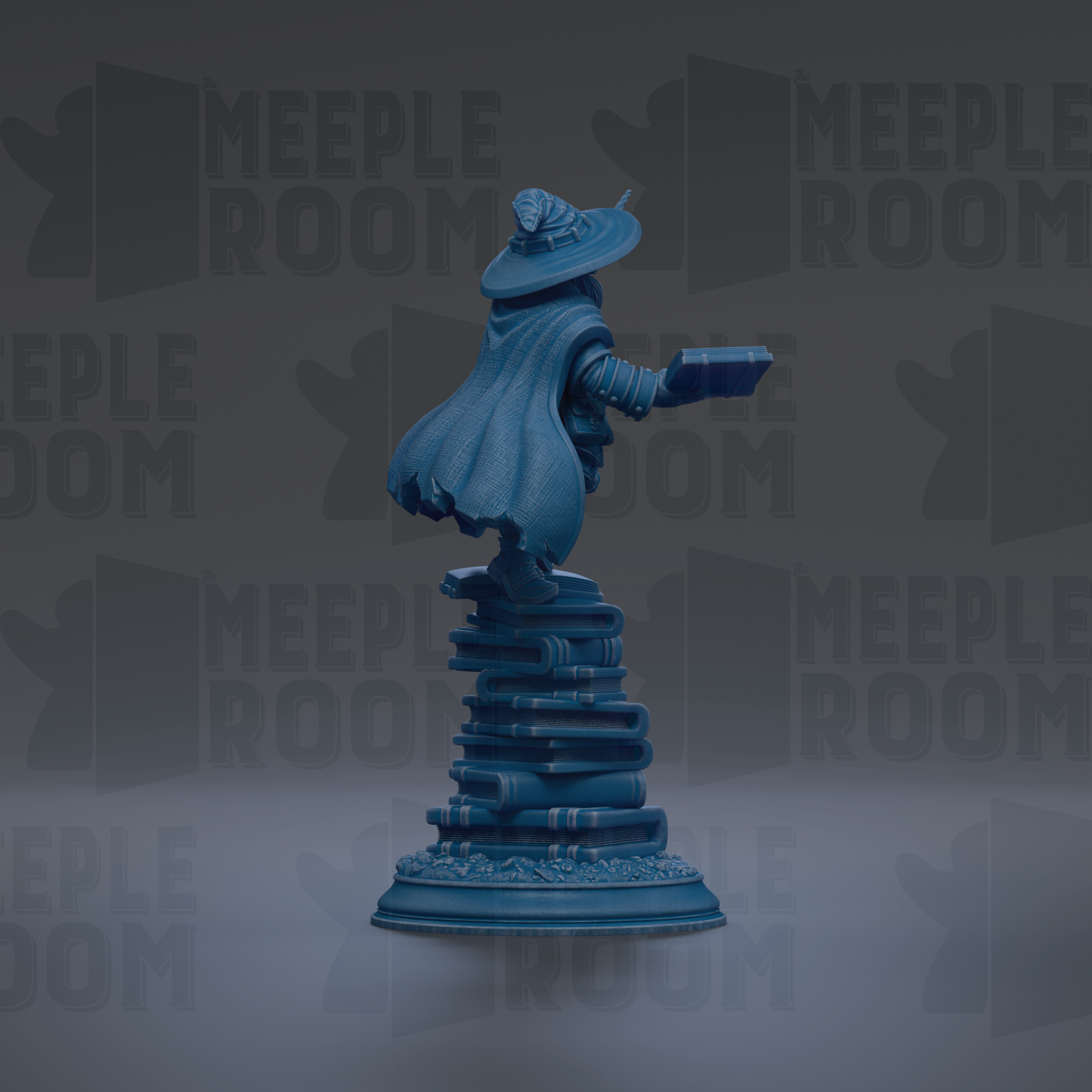 A blue statue of a wizard standing on a stack of books, with the text "MEUPLE ROOM" repeated in the background.