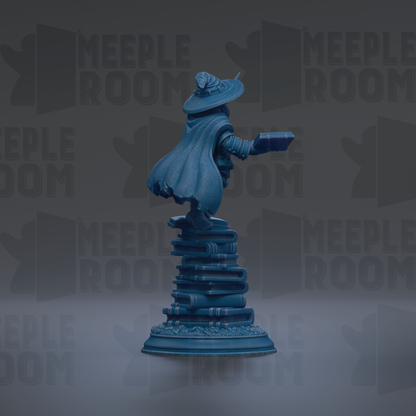A blue statue of a wizard standing on a stack of books, with the text "MEUPLE ROOM" repeated in the background.