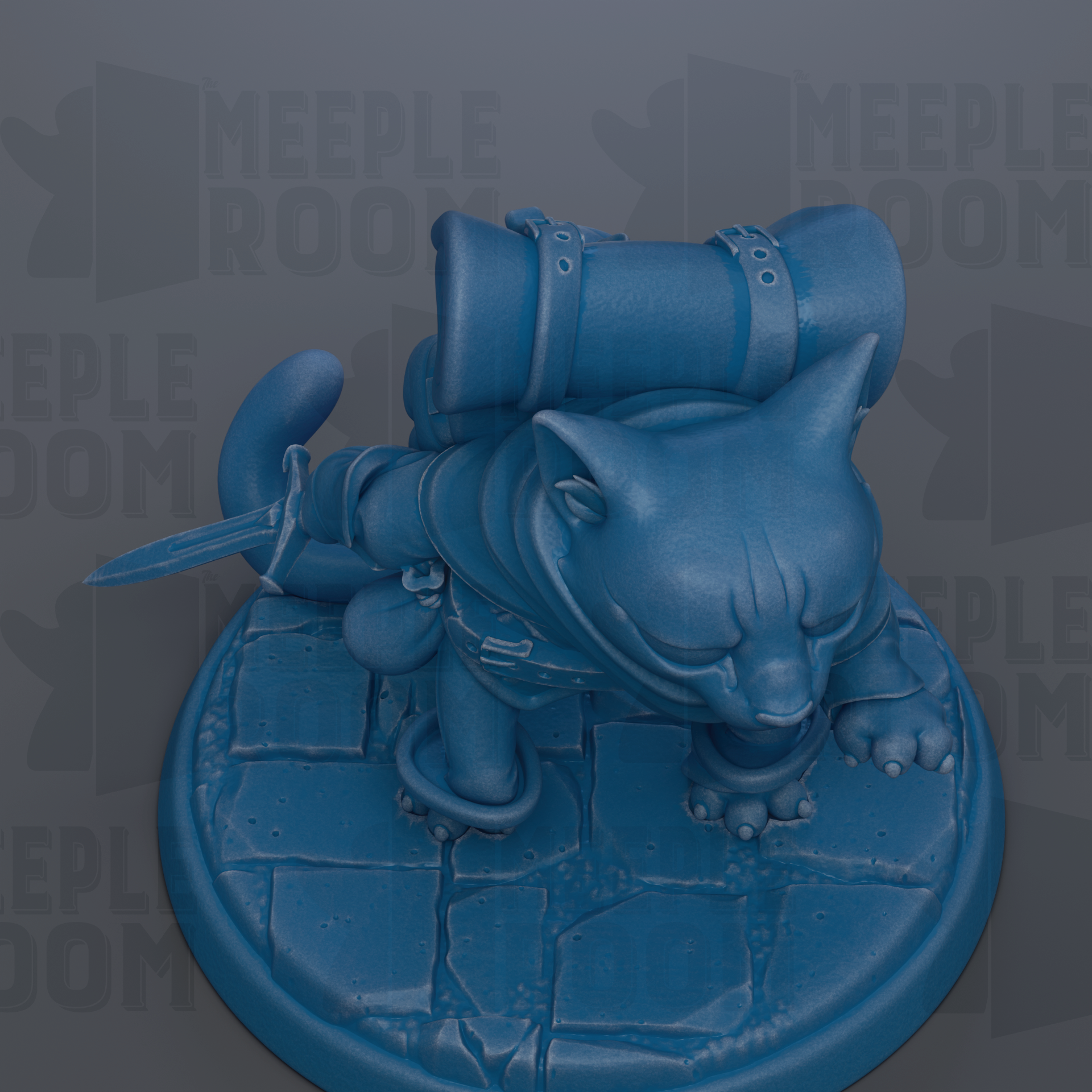 A blue, 3D-rendered cat figurine with a backpack and a sword, sitting on a stone base.