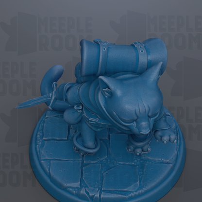 A blue, 3D-rendered cat figurine with a backpack and a sword, sitting on a stone base.