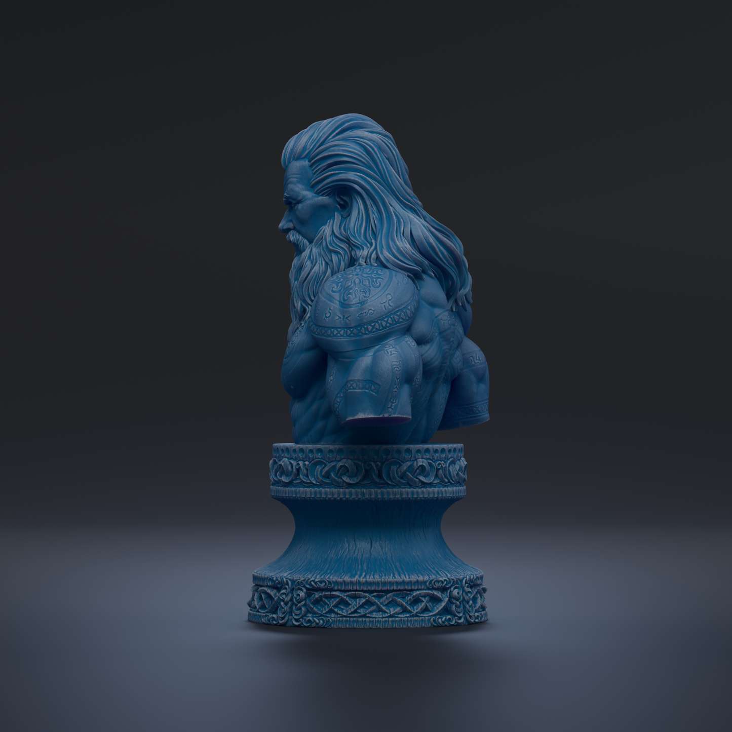 A blue statue of a muscular man with long hair, standing on a decorative base.
