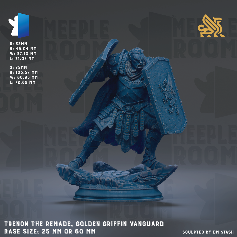 a detailed figurine of a knight in armor, specifically the Golden Griffin Vanguard, standing on a rocky base. The figurine is made of a shiny material and is designed in a realistic style. The base size of the figurine is either 25mm or 60mm, depending on the perspective. The image is a sculpture of the knight, and it is not a collage of multiple images. The knight is the main focus of the image, and the image does not contain any redundancy or vague descriptions.