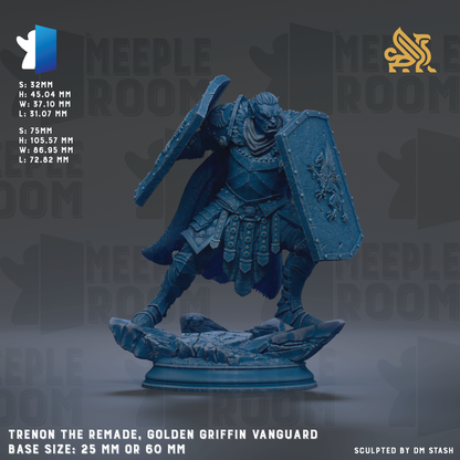 a detailed figurine of a knight in armor, specifically the Golden Griffin Vanguard, standing on a rocky base. The figurine is made of a shiny material and is designed in a realistic style. The base size of the figurine is either 25mm or 60mm, depending on the perspective. The image is a sculpture of the knight, and it is not a collage of multiple images. The knight is the main focus of the image, and the image does not contain any redundancy or vague descriptions.