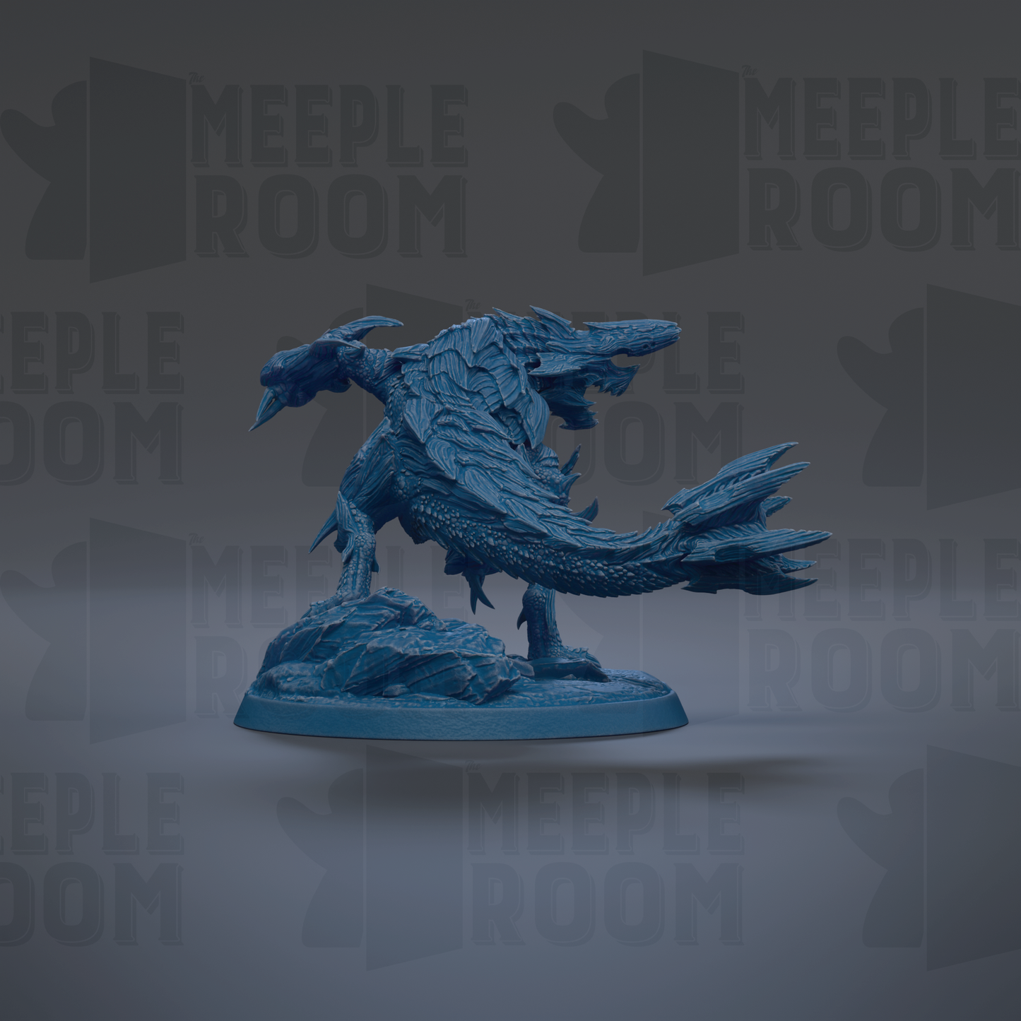 A blue, 3D-rendered dragon figurine is displayed against a dark background with repeated text.