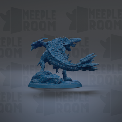 A blue, 3D-rendered dragon figurine is displayed against a dark background with repeated text.