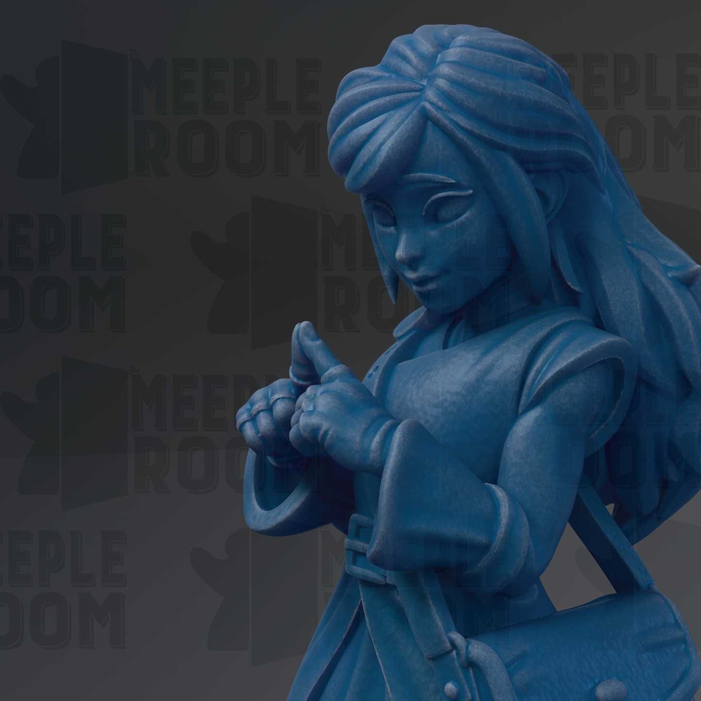 A blue, 3D-rendered statue of a young girl with long hair, holding a purse and appearing to be in a thoughtful or contemplative pose.