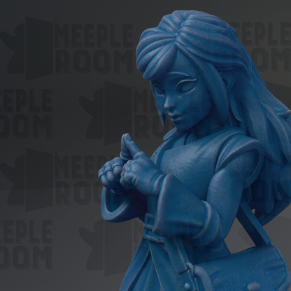 A blue, 3D-rendered statue of a young girl with long hair, holding a purse and appearing to be in a thoughtful or contemplative pose.