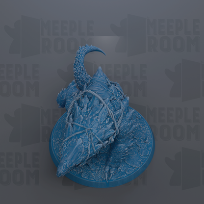 A 3D rendering of a blue, rocky creature with a curved tail, sitting on a circular base.