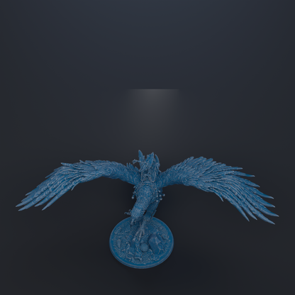 A blue, winged creature with intricate details and a round base is depicted against a dark background.