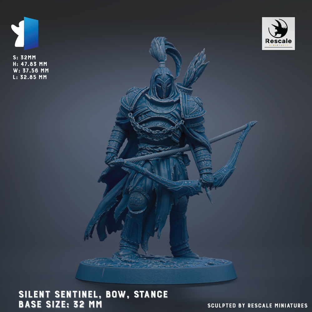 A detailed 3D model of a warrior figure, specifically a Silent Sentinel, with a bow and a stance, standing on a base size of 32 mm.