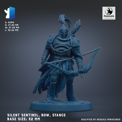 A detailed 3D model of a warrior figure, specifically a Silent Sentinel, with a bow and a stance, standing on a base size of 32 mm.
