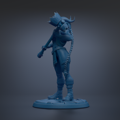 A blue 3D model of a character with a large head, horns, and a sword, standing on a platform.