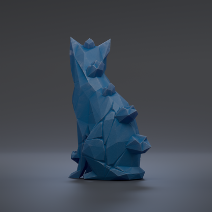 A 3D rendering of a blue, geometric cat-like sculpture with a textured, angular design.