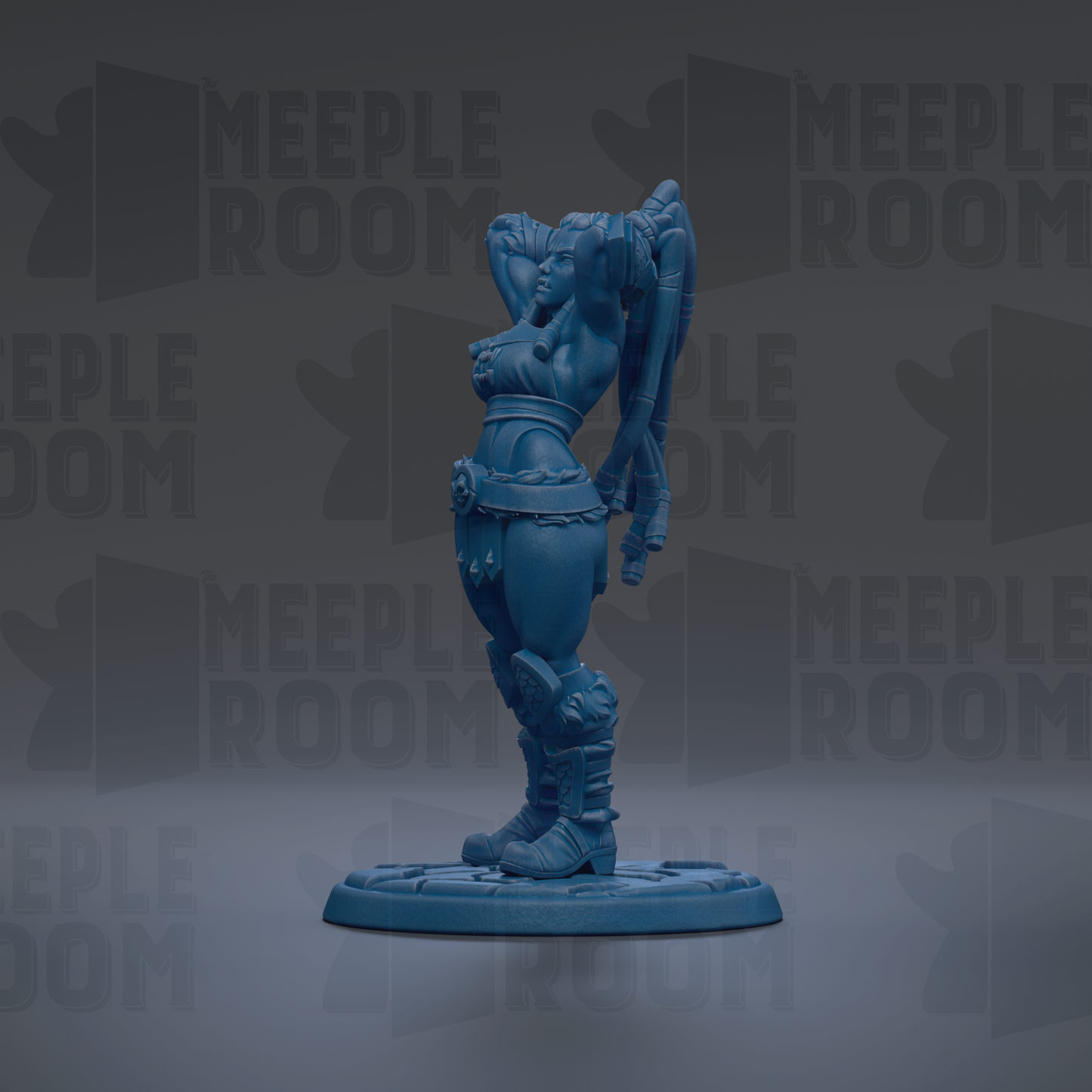 A blue figurine of a female character with a raised head and raised arms, standing on a platform against a dark background with repeated text.