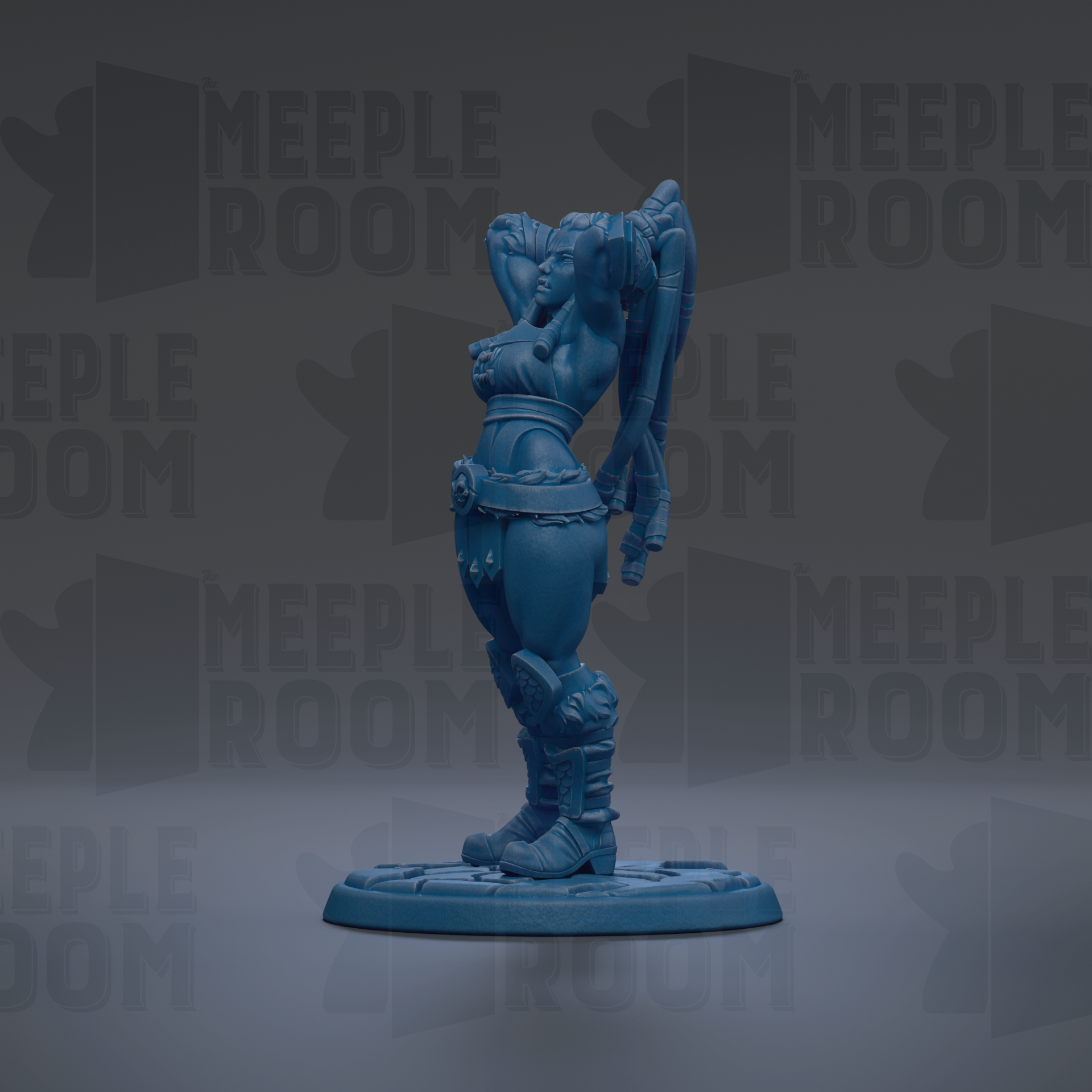 A blue figurine of a female character with a raised head and raised arms, standing on a platform against a dark background with repeated text.