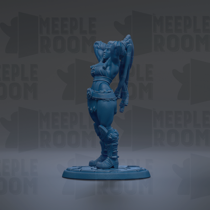 A blue figurine of a female character with a raised head and raised arms, standing on a platform against a dark background with repeated text.