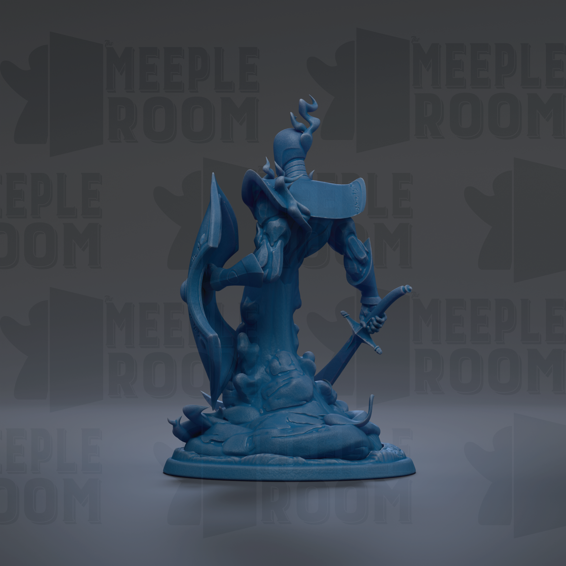 A blue figurine of a fantastical creature, possibly a dragon or serpent, is depicted in the center of the image against a dark background with repeated text.